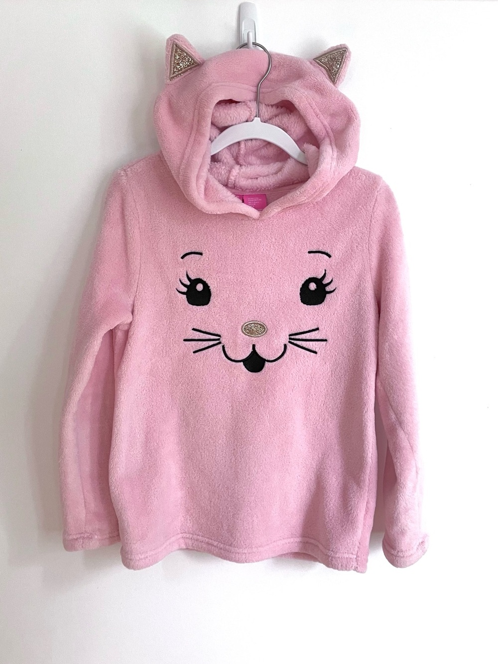 $8 💥NEW Isaac Mizrahi Glitter Pink Fuzzy Plush Cat Hoodie Sweatshirt, 3D Ears